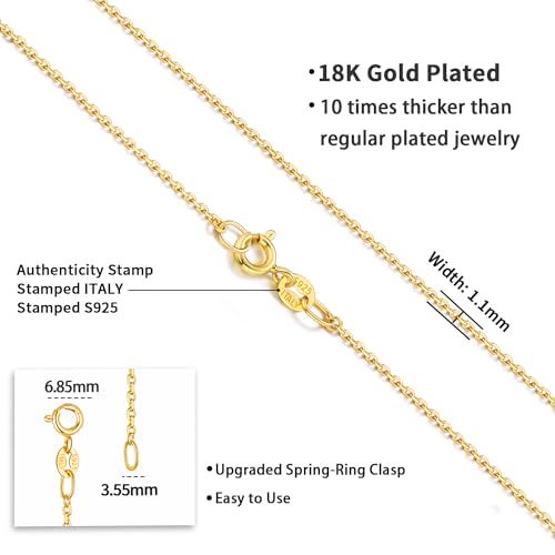 Jewlpire 925 Sterling Silver Chain Necklace Chain for Women 1.1mm Cable Chains Necklace Upgraded Spring-Ring Clasp - Thin & Sturdy Women's Chains Necklaces 14 16 18 20 22 24 Inch - color: 18K Gold Plated, size: 18 Inch