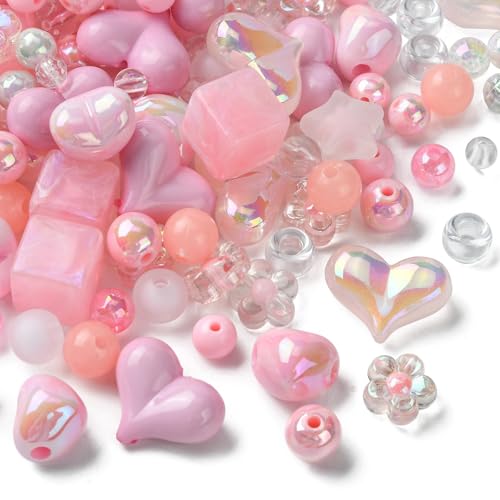 Ipotkitt 160 Pcs Pink Themed Transparent Opaque Acrylic Beads Mixed Shapes Heart Round Flower Star Beads Plastic Spacer Loose Beads for Jewelry Making - color: 160pcs-Pink Themed Beads-6~17mm