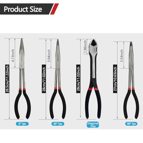 4-Piece 11" Extra Long Needle Nose Pliers Set with Insulated Comfort Grip, Straight Long Reach, 45/90°Bent Nose & Diagonal Pliers for Bending, Shaping & Trimming in Narrow Spaces - size: 4Pcs-Straight/45/90