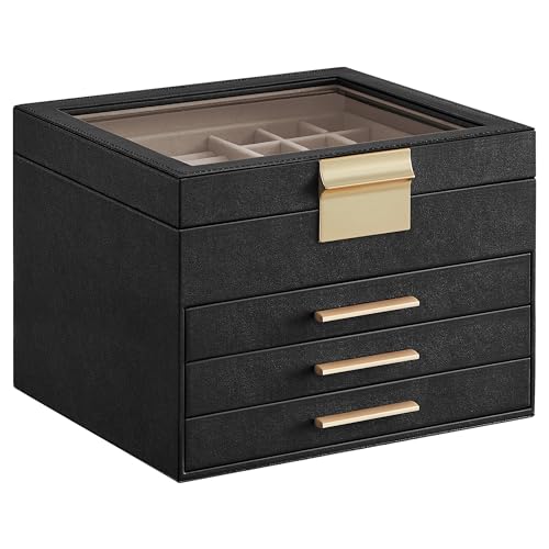 SONGMICS GISELLA Collection - Jewelry Box Organizer, 4-Layer Jewelry Storage with 3 Drawers, Shiny Metal Hardware, Glass Lid, Modern, 8 x 9.1 x 6.5 Inches, Ink Black and Gold Color UJBC173B01 - color: Ink Black + Gold, size: 4 Layer (8"d X 9.1"w)