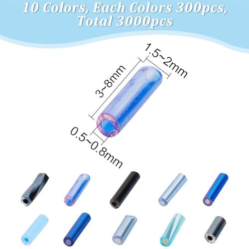 3000 Pcs 10 Colors Glass Bugle Beads, Blue Series Screwy Bugle Beads Long Tube Seed Bead Loose Spacer Bead for DIY Crafting Jewelry Making - color: Blue Series