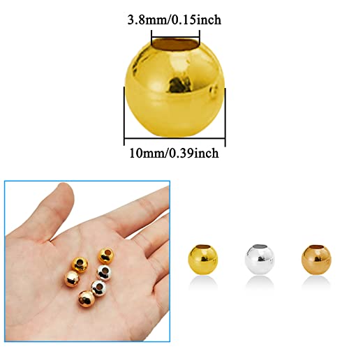 150Pcs Metal Spacer Beads for Jewelry Making 10mm Metallic Plated Round Beads Small Spacer Round Ball Beads Seamless Smooth Loose Beads for Earring Necklace Bracelet DIY Crafts(Gold Silver K Gold) - color: 10mm, Gold Silver K Gold