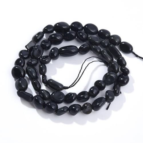 6-8mm Natural Black Obsidian Nuggets Oval Free Tumbled Pebble Semi Precious Gemstone Loose Stone Beads Approx 15.5 inch for DIY Jewelry Making - color: Black Obsidian