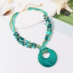 Coiris Shell Pendant Statement Strand Necklace for Women Boho Multi Beads Natural Stone Colorful Necklace Bohemian Handmade Chunky Shell Beaded Collar Jewelry for Women - color: Dark Green