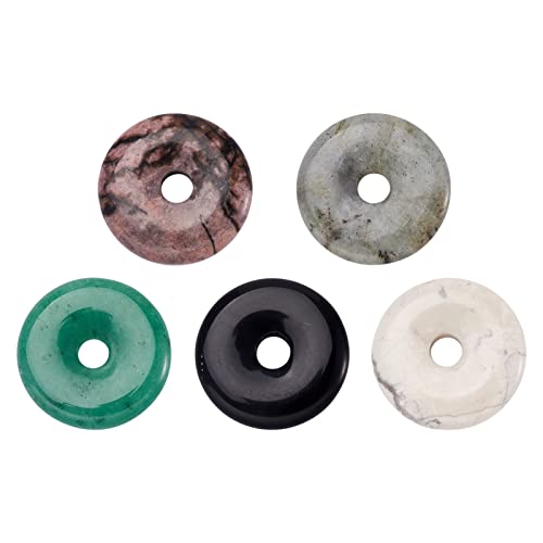 FASHEWELRY 5Pcs Natural Donut Disc Gemstone Pendants 28-30mm Large Hole Healing Chakra Polished Stone Flat Round Bead Charms Random Mixed Styles for Jewelry Making Hole: 6mm - color: 28~30mm, Mixed Colors