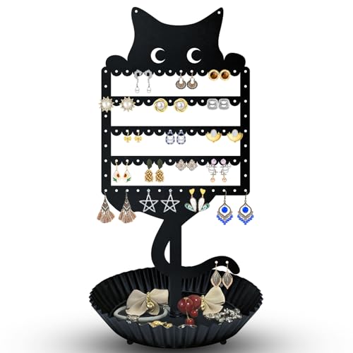 Earring Holder Hanging Organizer Stand Jewelry Rack Metal Cute Cat Tree Shelf Room Decor Table Ear Stud Holder Display Tower with Ring Storage Tray for Teens Girls Kids Cat Lovers, Black - color: black