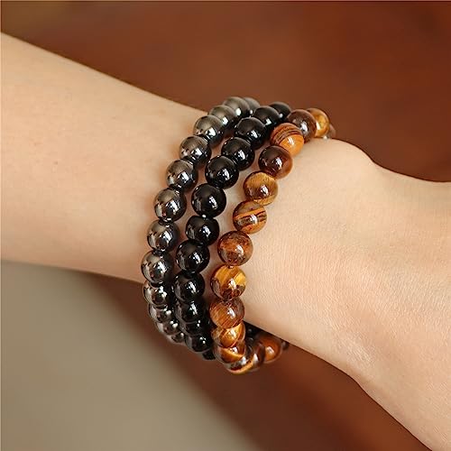 3 PCS Healing Crystal Bracelets for Women 8mm Natural Stone Beaded Stretch Bracelet Amethyst Jewelry Gifts - color: 04 8mm Tiger eye