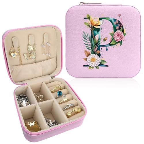 Monogram Jewelry Box Portable Print Jewelry Box, 1pcs Pink Compact Jewelry Box Travel Jewelry Case Travel Case Organizer Bag Storage Box Jewelry Holder For Necklace Earrings Rings Bracelet (Letter P) - color: Letter P
