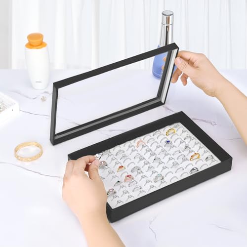 KUKUVR 100 Slots Ring Earring Holder Display Case, Velvet Jewelry Ring Earring Storage Organizer Box Tray with Clear Lid for Women And Selling Show (Black+White) - color: Black+White