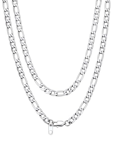 Bandmax Stainless Steel Figaro Chain Necklaces for Men Women, Silver/Gold/Black 4MM/6MM/9MM Flat Italian Style Figaro Link Chains Length 14"-30", Gift Packed - color: 02 6MM-Silver, size: 28 Inch