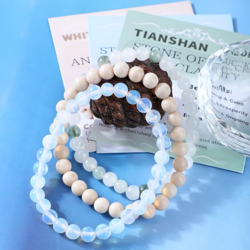 2/3-Pieces 4mm 6mm 8mm Natural Crystal Gemstone – Handmade Reiki Energy Healing Stretch Bracelets Jewelry for Yoga, Meditation, Unisex - color: 3 Pieces (Opalite&TianshanJade&WhiteFossilJasper), size: 8mm