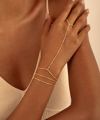 CHESKY 14K Gold Plated Hand Chain Bracelets for Women Set - Dainty Finger Ring Bracelet Stack Adjustable Hand Chains Durable Beaded Bracelets Trendy Simple Body Jewelry Gift for Women - style: 3thin bracelet-gold