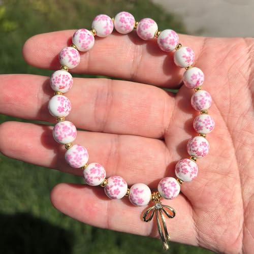 Bow Bracelet Necklace Set 14K Gold Beaded Bracelet Dainty Bow Pendant Choker Jewelry Gift Set - color: Pink 2
