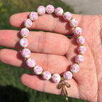 Bow Bracelet Necklace Set 14K Gold Beaded Bracelet Dainty Bow Pendant Choker Jewelry Gift Set - color: Pink 2
