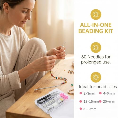 FREICO 68 Pcs Beading Needles Set, Size 10 Long Straight Beading Needle with Threader and Scissors, Fine Seed Bead Needles for Jewelry Making, Beads, Embroidery