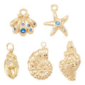 Cheriswelry 5Pcs 18K Gold Filled Conch Shell Charms Cubic Zirconia Metal Brass Seashell Starfish Pendants 10-20.5mm for DIY Summer Necklace Bracelet Earring Jewelry Making - color: Gold-5pcs