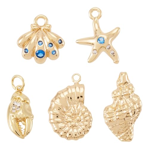 Cheriswelry 5Pcs 18K Gold Filled Conch Shell Charms Cubic Zirconia Metal Brass Seashell Starfish Pendants 10-20.5mm for DIY Summer Necklace Bracelet Earring Jewelry Making - color: Gold-5pcs