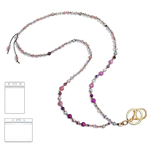 BettDecor ID Badge Holder with Key Lanyard, Natural Stone Beaded Lanyard for Teachers (Purple) - color: A-purple