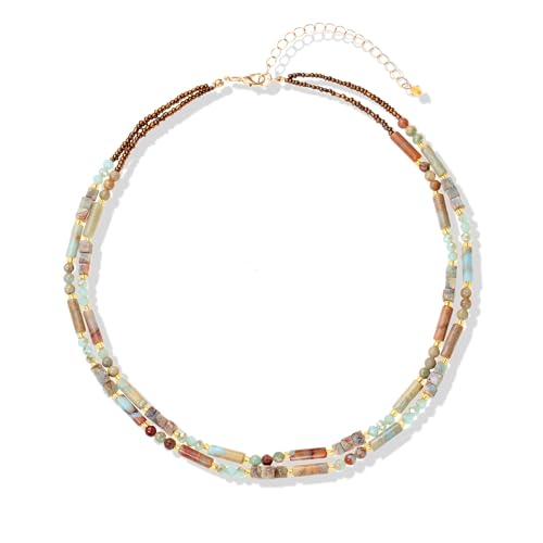Elisheva Natural Stone Choker Necklace for Women, Boho Natural Emperor Jasper Stone Lace Agate Beaded Crystal Necklace, Gemstone Jewelry Gift for Her - style: 2 layered Shoushan stone