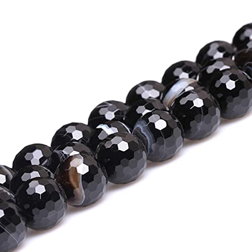 GEM-Inside 14mm Round Faceted Banded Black Agate Onyx Beads Strand 15 Inches
