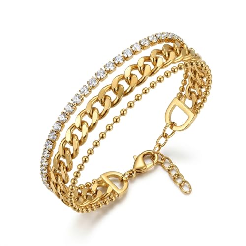 Gmai 18K Gold Plated 3-in-1 Layered Diamond Bracelet for Women, Adjustable Stainless Steel Stackable Bracelet with Extender Chain, Fashion Gift for Mother’s Day Wedding Graduation Christmas