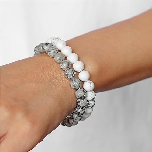 3 PCS Healing Crystal Bracelets for Women 8mm Natural Stone Beaded Stretch Bracelet Amethyst Jewelry Gifts - color: 10 8mm Map Stone & Howlite
