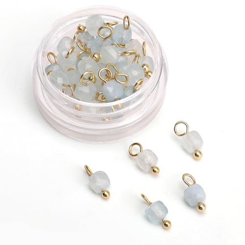 Beadia Natural Faceted Cube Stone Charms 4mm 30pcs with Untarnish Metal Accessories Loose Square Beads for DIY Jewelry Making - color: Aquamarine