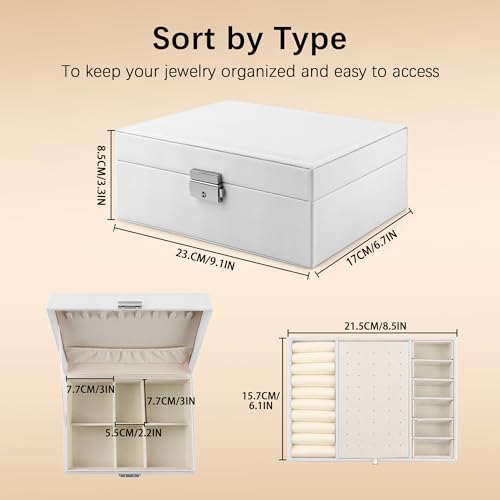 Homeanda Jewelry box 2 layer Jewelry box Leather Jewelry boxes for Women Girls Teens Jewelry organizer box Jewelry Storage box with lock(White) - color: White