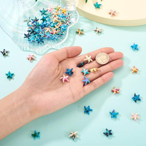 60Pcs Starfish Turquoise Beads Colorful Sea Star Gemstone Beads Synthetic Dyed Ocean Animal Bead Starfish Carved Bead for DIY Craft Bracelet Necklace Earring Jewelry Making - color: Blue-Starfish