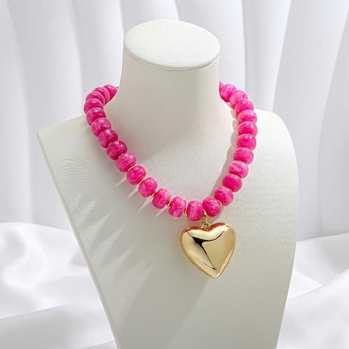 Gold Heart Pendant Necklaces for Women Colorful Acrylic Resin Beaded Choker Necklace Fashion Chunky Statement Beaded Heart Necklace - color: Rose red