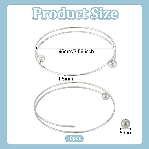 PH PandaHall 10pcs Stainless Steel Wire Bracelet Adjustable Bangle Bracelet Blank Cuff Bracelet with Removable Ball Bead Expandable Blank Bangle Bracelets for Jewelry Making, 2.5 inch - Platinum