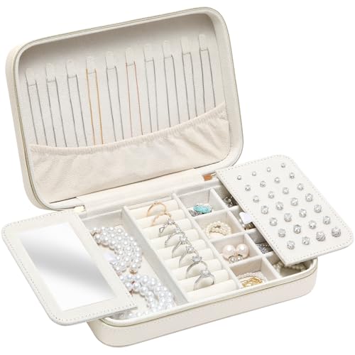Genuine Leather Travel Jewelry Organizer Case Box with Mirror for Women, Small Mini Portable Jewelry Box for Ring Earrings Necklace Bracelet Luxury Gift for Women（White） - color: Lychee Grain Leather Ivory White