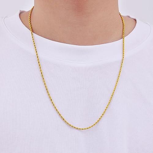 Fiusem 18K Gold Plated Rope Chain for Men, 18K Gold Plated/Black Chain Necklace, Stainless Steel Necklace for Men and Women, Jewelry Gifts - size: 20 Inches, style: Gold 2.5mm