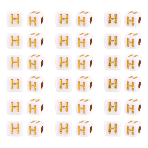 FASHEWELRY 500Pcs White Golden Letter Beads 4.5mm Square Alphabet Beads Acrylic Cube Letter H Beads for Friendship Bracelet Necklace Keychains Jewelry Making - color: Letter H