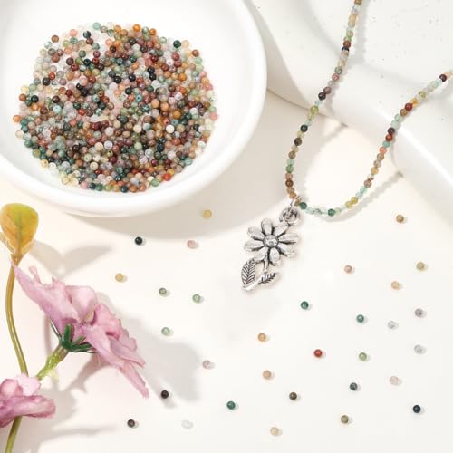 1 Box 652pcs 4 Strands Indian Agate Round Beads Colorful Gemstone Mixed Color Polished Moss Spacer Loose Stone Rondelle Bead Strand for Jewelry Making Bracelet Necklace DIY Craft Supply