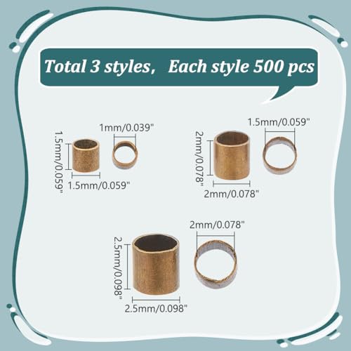 1500Pcs 3 Sizes Brass Tube Crimp Beads Antique Bronze Tube Beads Crimping Round Tubes Loose Spacer Bead for Jewelry Making Hole: 1/1.5/2mm - color: Antique Bronze