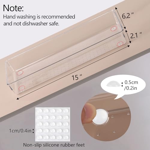 6 Pcs Large Clear Plastic Drawer Organizers Tray 15" x 6.3" Storage Bins with 25 Pcs Non-Slip Pads for Makeup, Jewelries, Kitchen Utensils, Bathroom and Office - size: 15"x6"