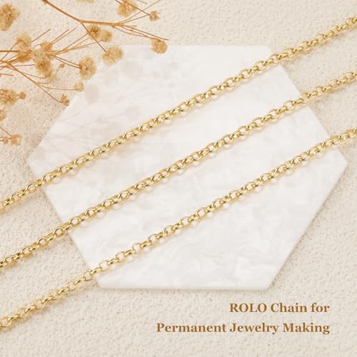 GTVOODX 18K Gold Stainless Steel Chains Bulk 16.4Feet Unfinished Rolo Link Cable Chain Roll for DIY Jewelry Bracelet Necklace Making with Lobster Clasps Jump Rings - color: Gold Rolo Chains