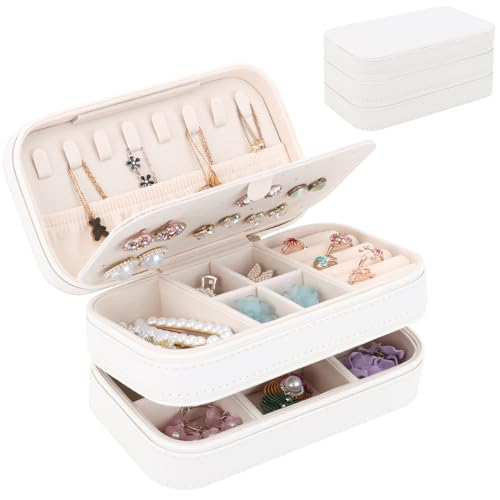 DesignSter Small Travel Jewelry Box with Double Zipper, 2 Layers PU Portable Jewelry Case for Women and Girls,Travel Jewelry Organizer for Rings, Earrings, Necklaces, Bracelets,Beige - color: Beige