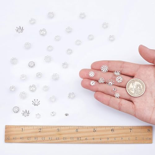 SUNNYCLUE 1 Box 240Pcs 12 Styles Flower Spacer Beads Caps Silver Bead Caps Mixed Tibetan Beads Jewelry Findings for DIY Earring Bracelet Necklace Keyring Making - color: 240pcs Silver