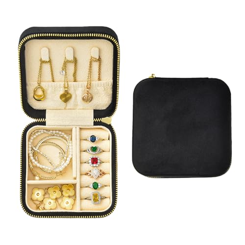TAIMY Travel Jewelry Case, Small Plush Velvet Jewelry Box for Women and Girls, Portable Jewelry holder organizer for Rings Earrings Necklaces Bracelets(Black) - color: Black