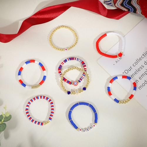 Emibele Colorful Stretch Bracelet Stack Boho Beaded Bracelet Set Heishi Surfer Bracelet Stackable Y2K Trendy Jewelry Friendship Multiple Set Women Fans - style: Red & Blue & White 8PCS