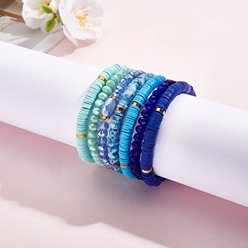Ornaland 7Pcs Handmade Polymer Clay Heishi Surfer Stretch Bracelets Set Colorful Glass Beads Bracelets Boho Stackable Preppy Bracelets Wrist Jewelry for Women - color: Blue