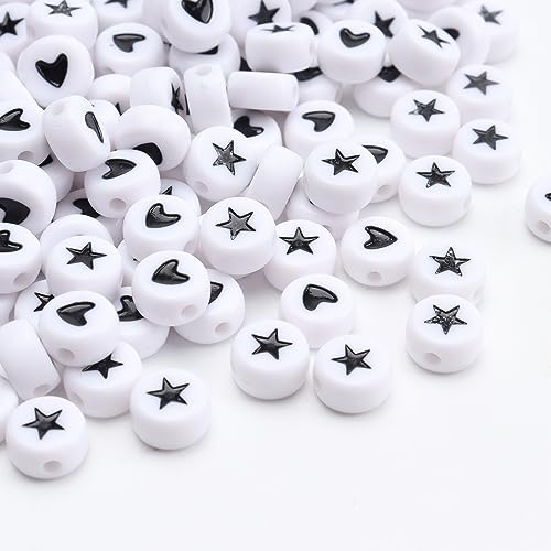 100Pcs Letter Beads 4x7mm White Round Acrylic Alphabet Beads Letter Heart & Star Beads for Jewelry Making DIY Bracelets Necklaces Key Chains - color: Heart & Star 100Pcs