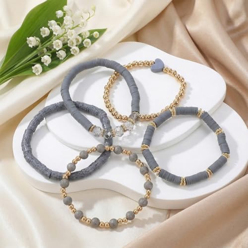 5Pcs Beaded Bracelets for Women, Bohemian Glass Faceted Crystal Beads Bracelet, Stackable Boho Disco Ball Stretch Bracelets, Multilayered Purple Jewelry Gift for Women, Mother's Day - color: Gray