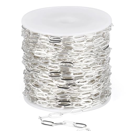 [33 Ft] Stainless Steel Paperclip Chains Roll, 3mm Width Silver Plated Stainless Steel Oval Link Chains Spool Bulk for Jewelry Making - color: silver color(3mm)