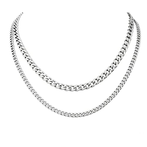 2PCS Cuban Link Chain Set for Men - Gold/Silver Plated Stainless Steel Layered Chain Necklace Non-Tarnish Jewelry Gift 16"/18", 18"/20", 20"/22", 22"/24" - color: Silver Chain, size: 22inch+24inch