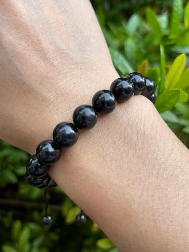 GAF TREASURES Grade A ++ Gemstone Round Bead Adjustable Bracelet 10mm, Genuine Crystal Bead Bracelet, Gift for Men & Women - color: Jet