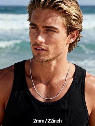 PROSTEEL Stylish Stainless Steel Flat Box Link Chain Necklace for Men, Silver/Gold/Black Tone, Hypoallergenic Jewelry, 14"-30", Come with Box - size: 22 inch(55cm), style: 2mm-Elegant Silver