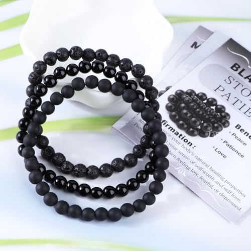 2/3-Pieces 4mm 6mm 8mm Natural Crystal Gemstone – Handmade Reiki Energy Healing Stretch Bracelets Jewelry for Yoga, Meditation, Unisex - color: 3 Pieces (BlackLava&BlackOnyx&MatteBlackAgate), size: 6mm